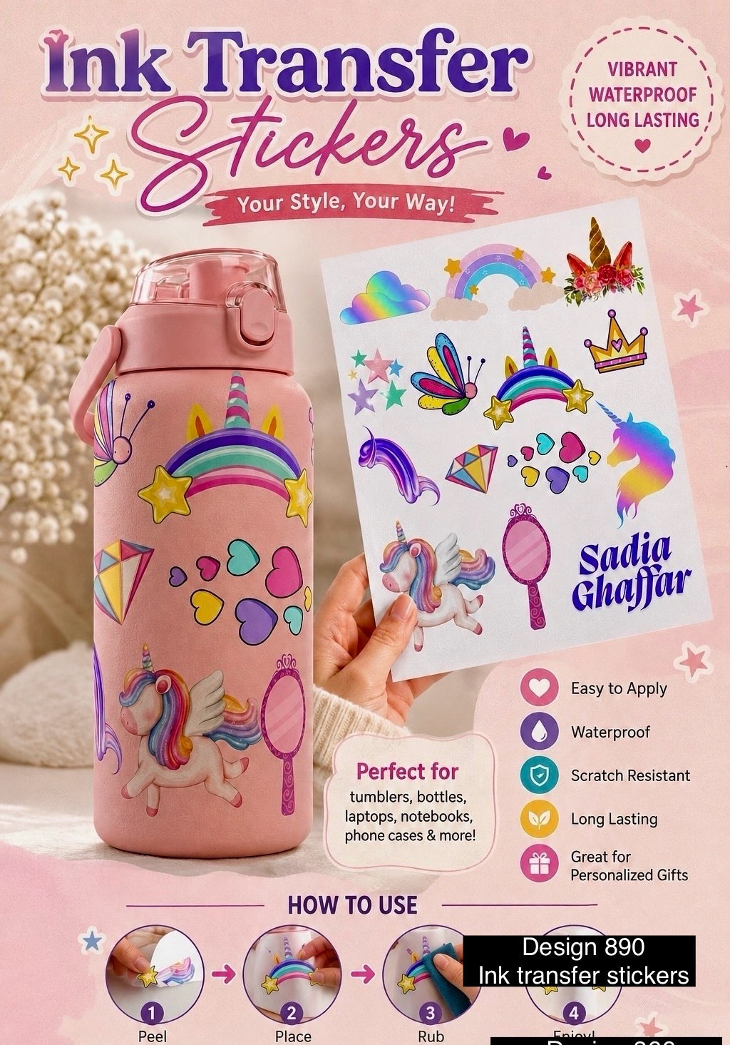 Unicorn theme Ink Transfer Sticker 3D design 890